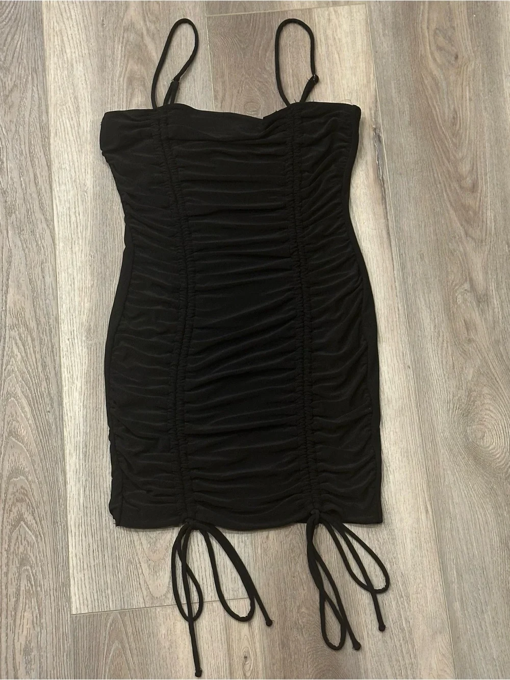 Black Drawstring Ruched Mini Dress - Picture 2 of 4